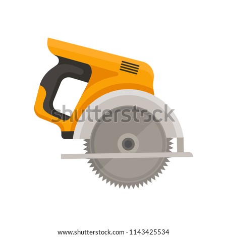 Flat vector icon of circular saw with steel toothed disc. Electric hand tool for cutting wood or metal. Building equipment