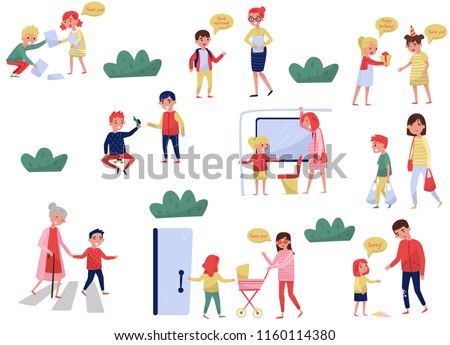 Flat vector set of polite children in different situations. Kids with good manners. Little boys and girls helping adults