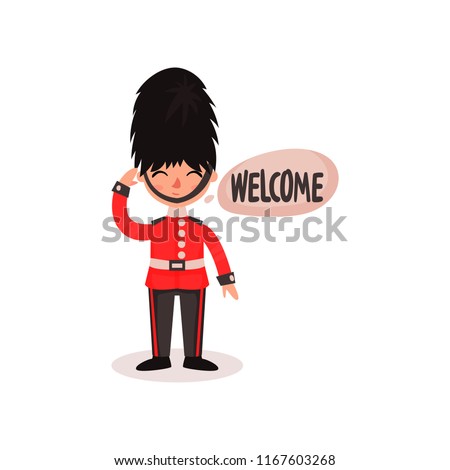 Cartoon character of guardsman in uniform and hat. National British guard. Friendly royal soldier saying Welcome . Flat vector icon