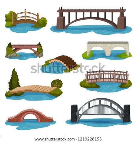 Flat vector set of different bridges. Wooden, metal and brick footbridges. Constructions for transportation. Architecture theme