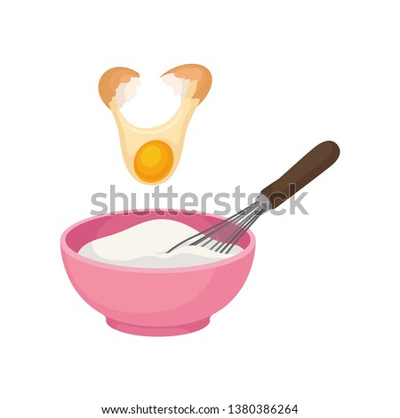 Add the yolk to the bowl full of dough and with a whisk. Vector illustration.