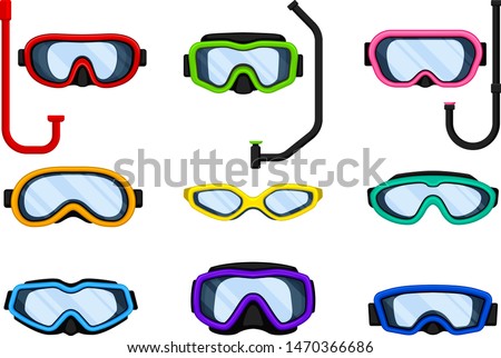 Set of masks for scuba diving in different colors. Vector illustration on white background.