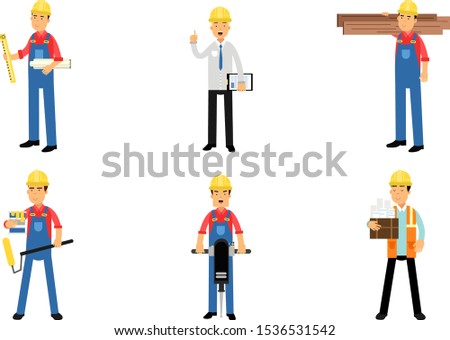 Builders Or Engineers With Equipment Vector Illustration Set Isolated On White Background