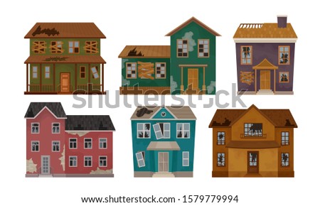 Similar – Image, Stock Photo The house is abandoned. The door is missing. Instead, a half-high wall was erected with colored bricks.