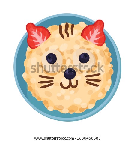 Food for Kids Arranged in Shape of Cat Muzzle Top View Vector Illustration