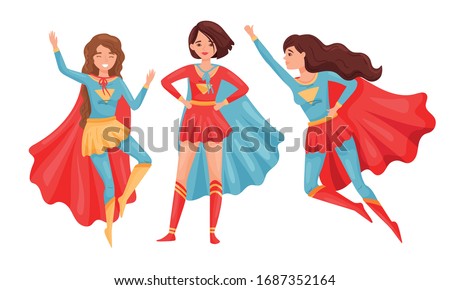 Women Superheros Wearing Cloak and Posing Vector Set