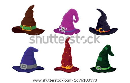 Colorful Witch and Wizards Hat with Belt and Pointed Cap Vector Set