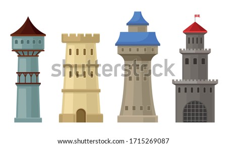 High Stone Towers with Castellation Walls and Windows Vector Set