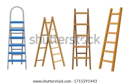 Wooden or Steel Step Ladders for Domestic and Construction Needs Vector Set