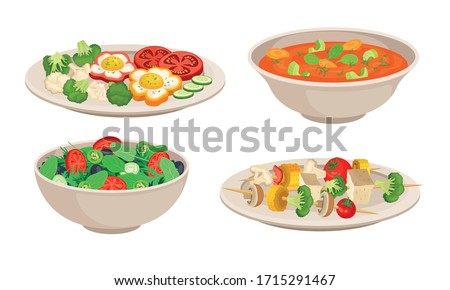 Vegan Dishes and Main Courses with Vegetable Salad and Thick Soup with Tomato Vector Set