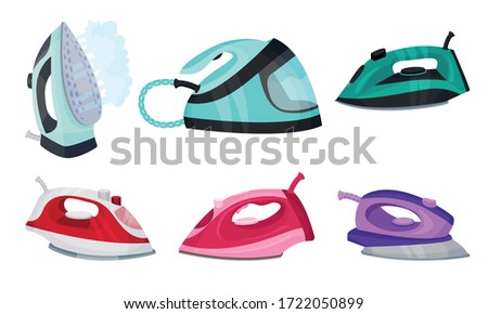 Irons as Electric Household Appliance for Steaming Clothes Vector Set