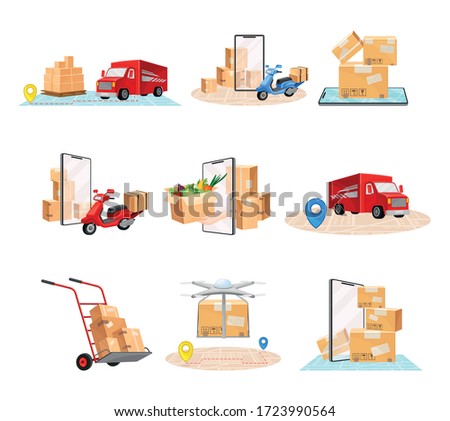 Cardboard Boxes, Truck and Map as Navigation Vector Illustrations Set