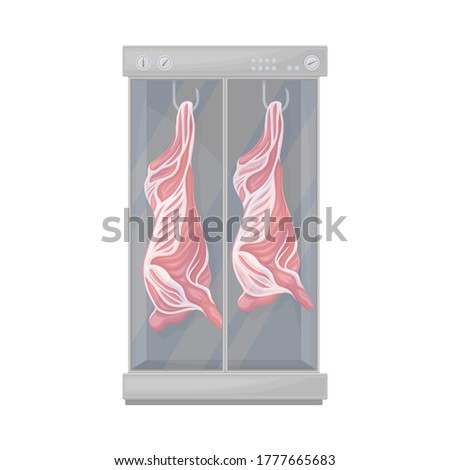 Raw Cow Carcass Hanging on Hook in Fridge Container Vector Illustration