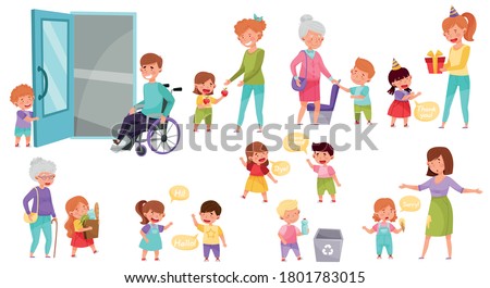 Little Boy and Girl Sharing Treats and Yielding Seat Vector Illustration Set