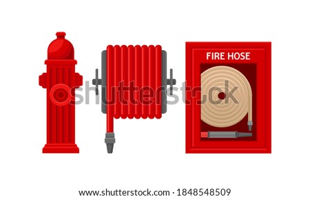 Active Fire Protection Devices with Fire Hose and Fire Hydrant Vector Set