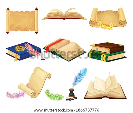 Old Books in Hard Cover with Pages and Scrolls with Quill Vector Set