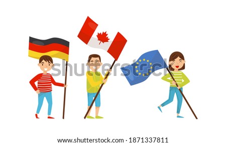 Little Girl and Boy Holding National Flags of Different Countries Waving on Pole Vector Set