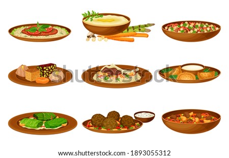 Syrian Cuisine Dishes and Desserts with Hummus and Dolma Vector Set