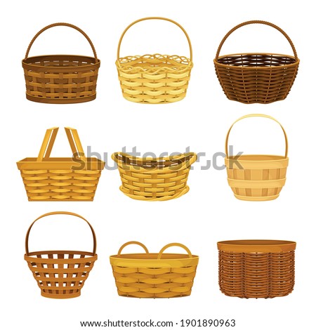 Wicker Basket as Container Woven from Stiff Fiber Vector Set