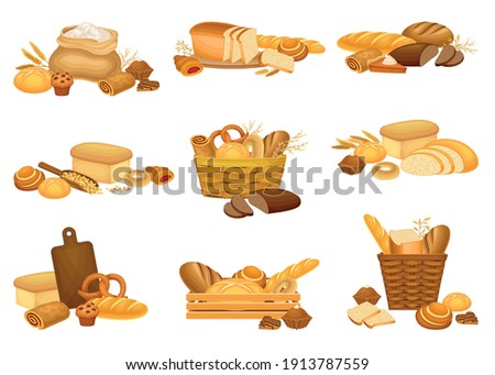 Bread Loaf and Buns as Staple Food Baked from Dough of Flour and Water Vector Composition Set 商業照片 © 