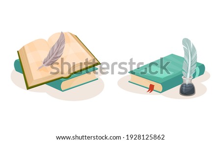 Pile of Old Books in Hard Cover with Quill for Writing Vector Set