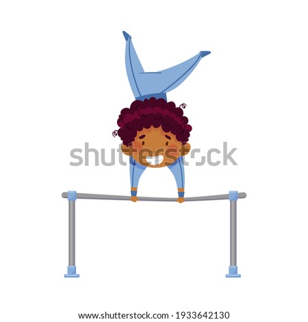 Little African American Boy Doing Gymnastics Tumbling on Horizontal Bar Vector Illustration