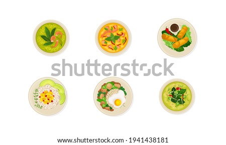 Thai Dishes and Main Courses with Seafood Soup and Rice Top View Vector Set 商業照片 © 