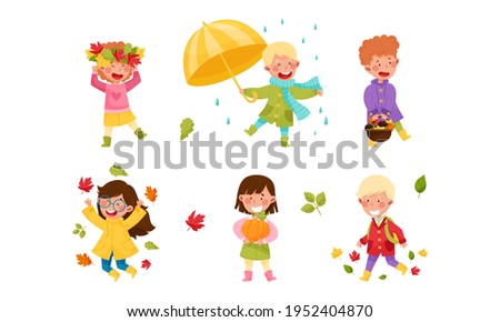 Children Characters Walking with Umbrella Among Autumn Leaves and Picking Mushrooms Vector Illustration Set