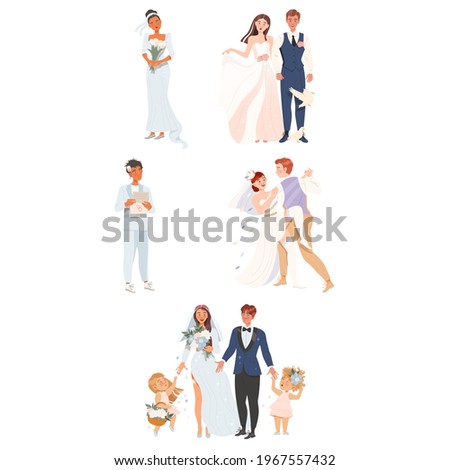 Affectionate Newlyweds Couples as Just Married Male and Female in Wedding Dress Dancing and Feeling in Love Vector Illustration Set Foto stock © 