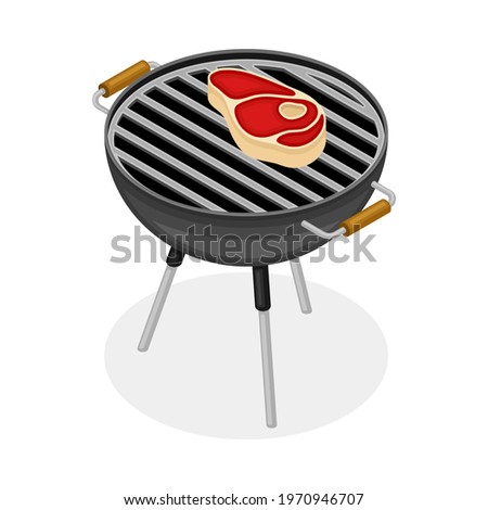 Barbecue Grill with Beef Steak Roasting on It as Picnic Isometric Vector Illustration