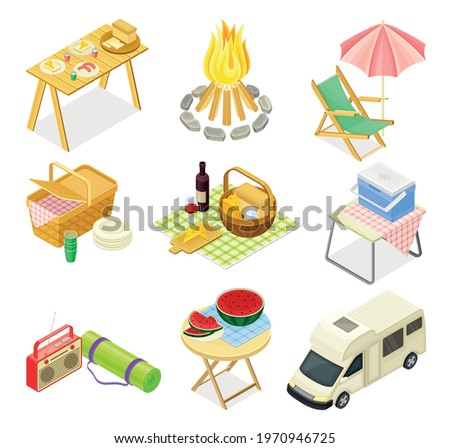 Campfire, Camper Van and Hamper with Food as Picnic and Summer Outdoors Meal Isometric Vector Set