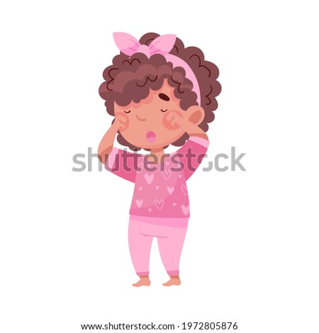 Sleepy Little African American Girl Wearing Pajamas Rubbing Her Eyes with Fist and Yawning Vector Illustration