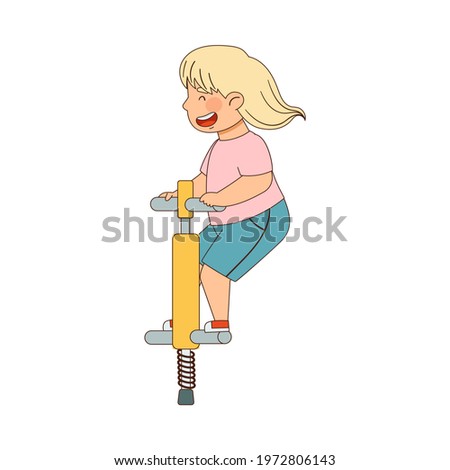 Excited Girl Jumping on Pogo Stick Enjoying Outdoor Activity Vector Illustration