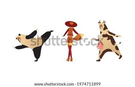 Man and Woman Character Animator Wearing Animal Costume Providing Entertainment in Masquerade or Party Vector Set