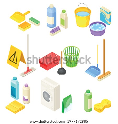 Household Cleaning Equipments with Mop, Broom and Bottles with Detergents Isometric Vector Set