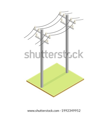Utility Pole Supporting Overhead Electric Power Lines Isometric Vector Illustration