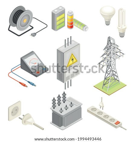 Electric Power Objects with Breaker Box, Socket and Lightbulb Isometric Vector Set
