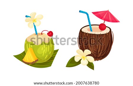 Exotic Cocktails with Straw and Umbrella Poured in Coconut Fruit Vector Set