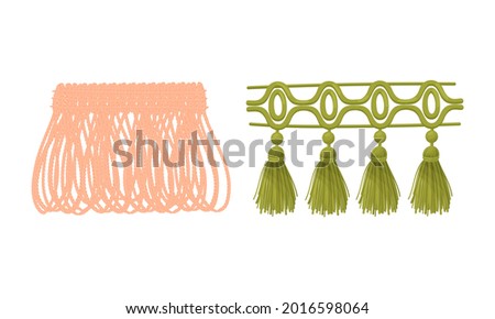 Fringe Trim and Tassel for Fabric and Clothing Decoration with Braided Cord and Yarn Skirt Vector Set