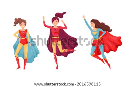 Superhero Woman Character in Waving Cloak Rushing to Rescue Vector Set