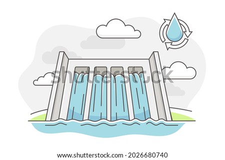 Energy Source with Hydropower and Dam for Stopping Flow of Surface Water Line Vector Illustration