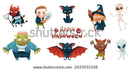 Halloween Characters with Frankenstein and Devil with Trident as Holiday Symbol Vector Set