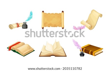 Old Books in Hard Cover with Pages and Scrolls with Quill Vector Set