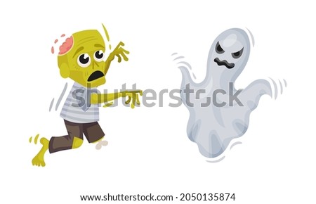 Green Zombie and Flying Ghost as Halloween Symbol Vector Set