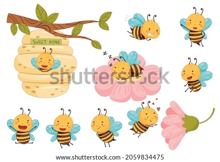 Cute honey bees activities set. Beekeeping and apiculture cartoon vector illustration