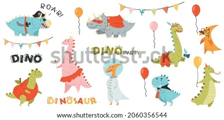 Cute dinosaurs in carnival costumes set. Adorable animals dressed for masquerade party cartoon vector illustration