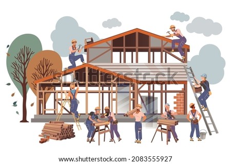 People Builder Character Building House Engaged in Construction Roofing Works Vector Illustration