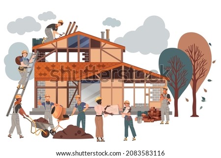 People Builder Character Building House Engaged in Construction Roofing Works Vector Illustration