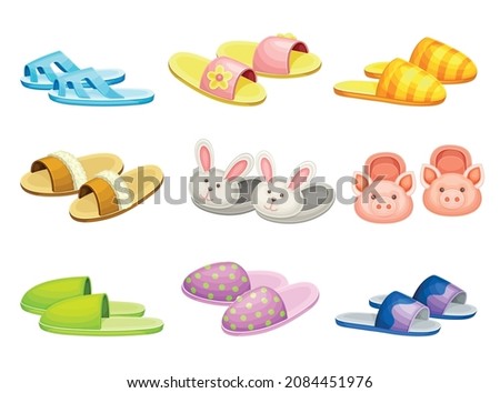 Pairs of comfortable slippers set, Soft textile footwear for home, flip flops shoes cartoon vector illustration