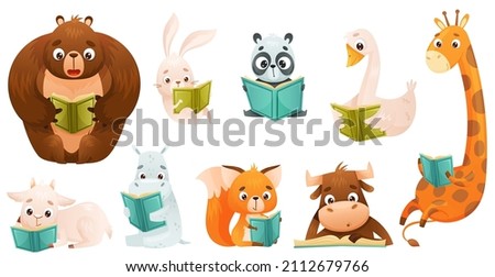 Cute baby animals reading books set. Smart hippo, calf, giraffe, pup, cow, rabbit sitting and studying with book cartoon vector illustration